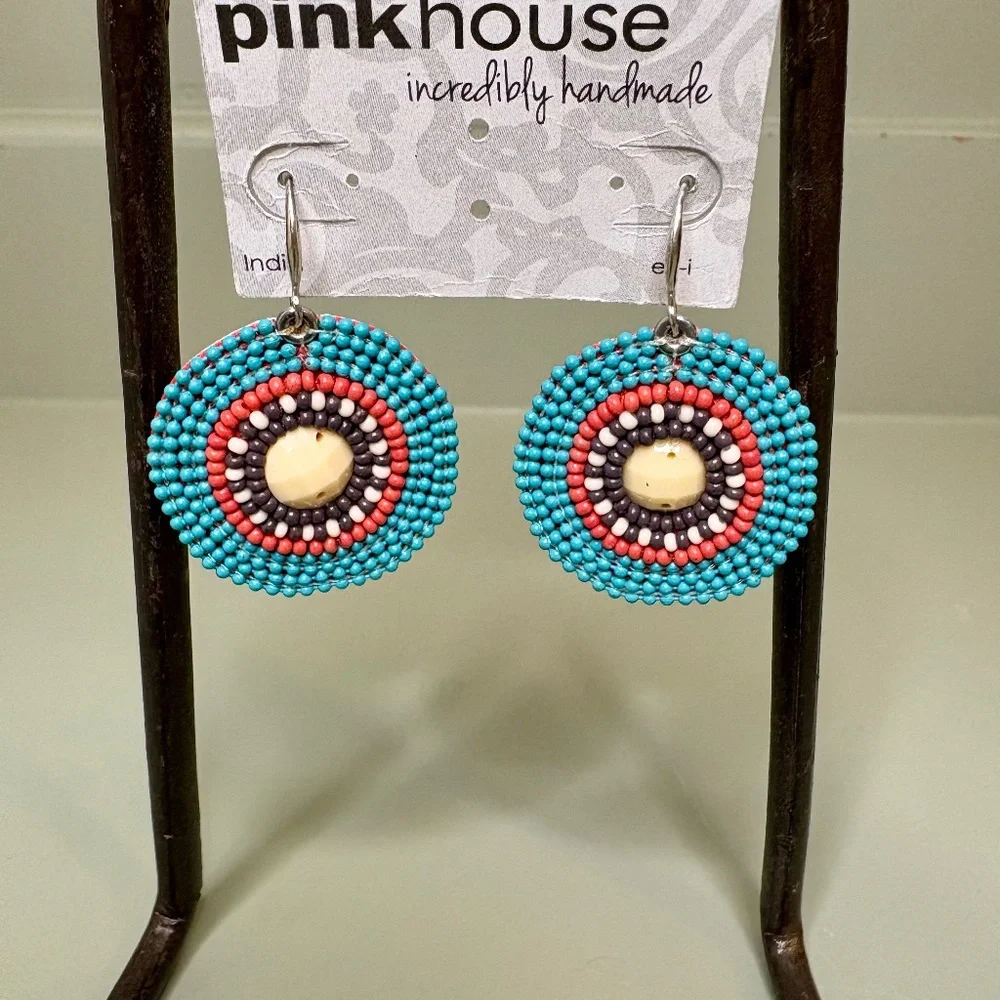 Pink House Incredibly Handmade Beaded Drop Earrings Never‎ Worn Artisan Bohemian